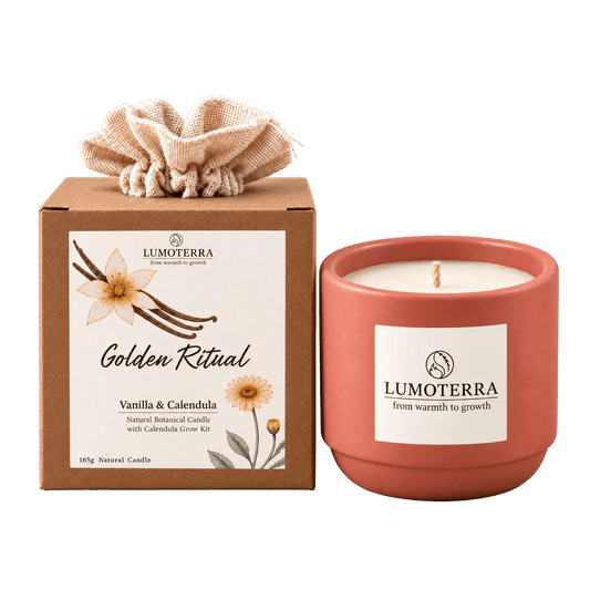 Golden Ritual: handgemaakte kaars en calendula kweekset van Lumoterra