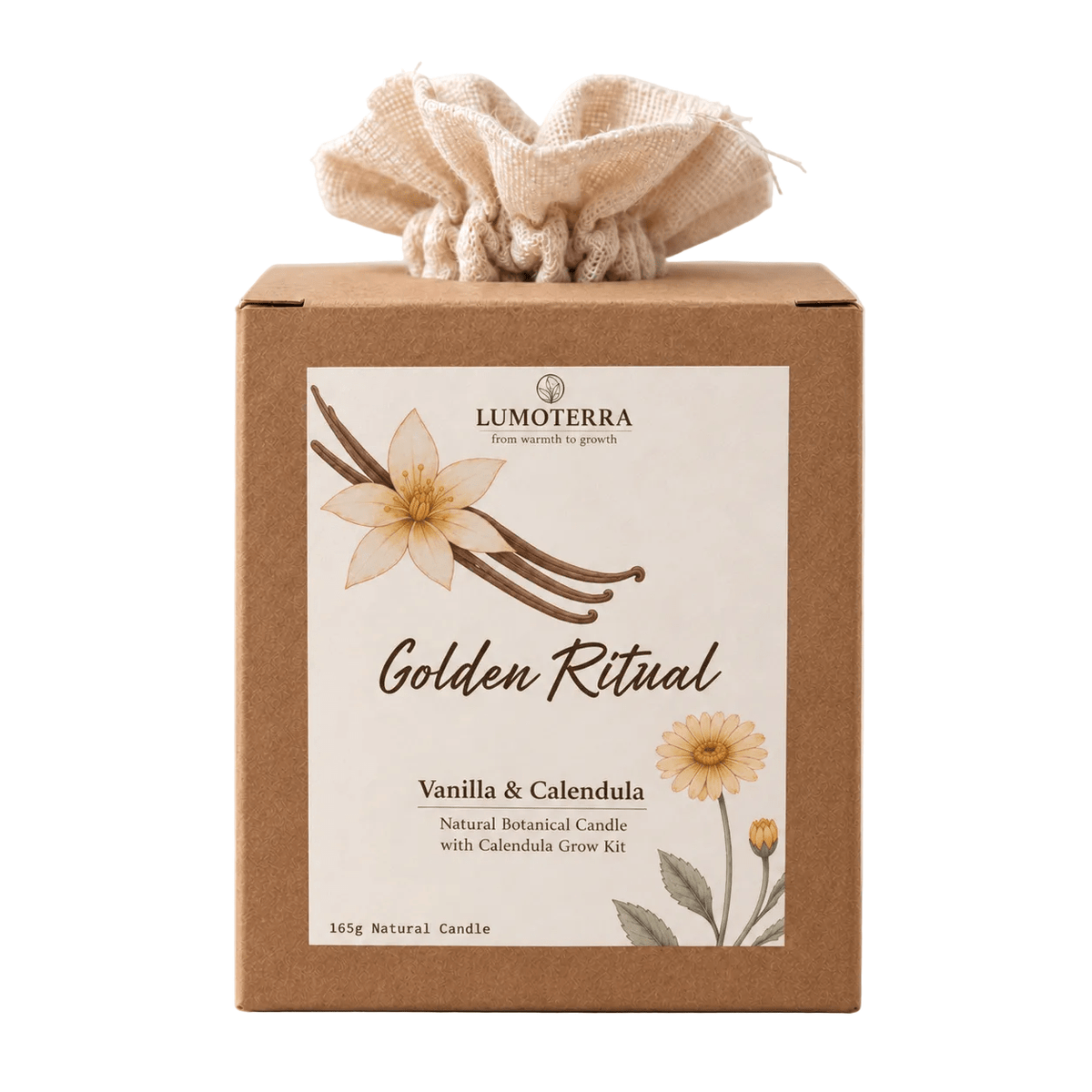 Golden Ritual: handgemaakte kaars in terracotta pot met calendulazaad en aarde
