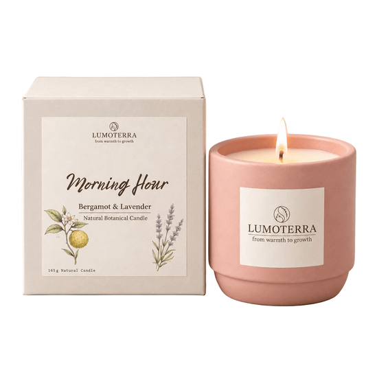 Morning Hour: kaars met lavendel en bergamot in zalmroze pot